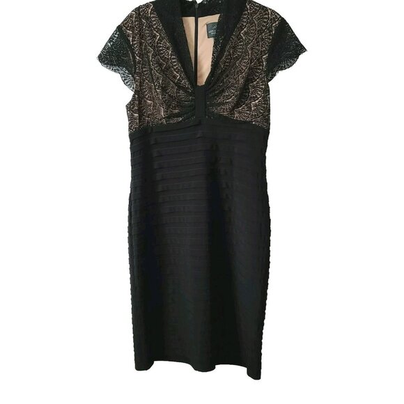 Adrianna Papell Dresses & Skirts - Adrianna Papell Lace Cocktail Dress Black Sz 8 Shutter Pleating Fitted V Neck